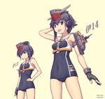  2girls asymmetrical_hair black_hair black_swimsuit breasts brown_eyes character_name covered_navel cowboy_shot dated framed_breasts gloves hair_between_eyes hand_on_hip hat headphones highres i-13_(kantai_collection) i-14_(kantai_collection) kantai_collection leaning_forward looking_at_viewer multiple_girls nakaaki_masashi open_mouth partly_fingerless_gloves sailor_collar school_swimsuit short_hair single_glove small_breasts standing swimsuit twitter_username 