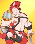  anthro bulge canine clothing flaccid humanoid_penis looking_at_viewer male mammal marlon.cores melee_weapon muscular muscular_male pecs penis penis_base pubes solo standing sword underwear vein weapon 