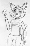  2015 animatronic anthro black_and_white bow_tie canine clothed clothing five_nights_at_freddy&#039;s fox foxy_(fnaf) hook_hand inkyfrog looking_at_viewer machine male mammal monochrome raised_arm robot sharp_teeth simple_background smile solo teeth topless traditional_media_(artwork) video_games white_background 
