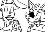  2015 animatronic anthro black_and_white bonnie_(fnaf) bow_tie canine duo eye_patch eyewear five_nights_at_freddy&#039;s fox foxy_(fnaf) inkyfrog lagomorph looking_at_viewer machine male mammal monochrome rabbit reaction_image robot simple_background video_games white_background 