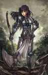  armor axe black_hair blue_eyes borrowed_character breastplate burn_scar bush gauntlets hand_on_hip headband highres original rain ryairyai scar solo tree weapon 