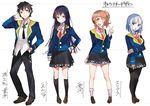  3girls :o ;d ayameike_aika black_hair black_legwear black_skirt blazer blue_eyes brown_hair butsuriteki_ni_koritsu_shiteiru_ore_no_koukou_seikatsu character_name full_body hagure_narihira hand_on_hip holding_arm jacket kneehighs loafers long_hair looking_at_viewer mika_pikazo miniskirt multiple_girls neck_ribbon official_art one_eye_closed open_mouth pantyhose pleated_skirt pointing pointing_up ponytail purple_eyes reference_work ribbon school_uniform shoes short_hair simple_background skirt smile standing takawashi_enju tatsutagawa_elias tsurime very_long_hair white_background white_legwear 