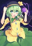  absurdres adjusting_clothes adjusting_hat blush commentary_request east01_06 green_eyes green_hair hat heart heart-shaped_pupils highres komeiji_koishi looking_at_viewer night night_sky open_mouth short_hair sky solo star_(sky) starry_sky symbol-shaped_pupils third_eye touhou 