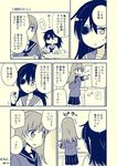  blush chocolate chocolate_heart comic eyepatch harunatsu_akito heart highres kantai_collection kiso_(kantai_collection) long_hair monochrome multiple_girls ooi_(kantai_collection) pleated_skirt school_uniform serafuku skirt sweat translated tsundere 