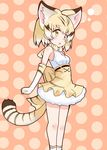  animal_ears bare_shoulders blonde_hair blush bow bowtie cat_ears cat_tail elbow_gloves gloves highres itamochi kemono_friends multicolored_hair sand_cat_(kemono_friends) short_hair skirt solo tail yellow_eyes 