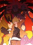  ^_^ ^o^ amami_rantarou arm_behind_head arm_up backlighting bangs black_shirt blonde_hair brown_pants claws closed_eyes closed_mouth collarbone cowboy_shot crossover danganronpa embers eyebrows_visible_through_hair facing_viewer garchomp gen_4_pokemon gen_5_pokemon hair_between_eyes hand_behind_head hand_on_head haxorus hood hoodie horns hydreigon jacket jewelry light_trail lightning long_sleeves looking_at_viewer male_focus necklace negi_(ngng_9) new_danganronpa_v3 open_mouth orange_jacket pants pendant pokemon pokemon_(creature) red_background red_eyes sharp_teeth shirt smile sparks standing striped striped_shirt teeth wind wristband yellow_eyes 