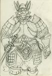  anthro armor beard dragon eastern_dragon facial_hair horn kemono monochrome scalie solo standing traditional_media_(artwork) yabuinu 