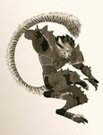 2015 armor chainmail charr chutkat claws fangs feline female guild_wars horn jumping long_tail looking_down mammal monochrome paws sepia simple_background solo video_games 