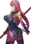  1girl armor ass bodysuit breasts erect_nipples fate/grand_order fate_(series) from_behind gae_bolg gloves grin huge_ass large_breasts long_hair looking_at_viewer lycra pantyhose purple_hair red_eyes scathach_(fate/grand_order) shiny shiny_clothes shiny_hair smile solo spear very_long_hair weapon 