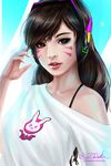  :3 animal_print bangs bare_shoulders brown_eyes brown_hair bunny_print casual character_name collarbone d.va_(overwatch) eyelashes facepaint facial_mark fingernails hand_on_headphones hand_to_head hand_up headphones highres lipstick long_hair looking_at_viewer makeup nose off-shoulder_shirt off_shoulder overwatch parted_lips pink_lips pink_lipstick revision round_teeth shirt short_sleeves signature smile solo spaghetti_strap swept_bangs teeth twitter_username upper_body v-shaped_eyebrows watermark web_address whisker_markings white_shirt z-duke 