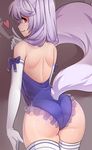  animal_ears ass back bare_shoulders cowboy_shot elbow_gloves fox_tail from_behind gloves heart highres index_finger_raised iwbitu-sa long_hair looking_at_viewer looking_back original purple_hair red_eyes shoulder_blades slit_pupils smile striped striped_legwear tail thighhighs white_gloves 