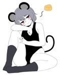  alternate_costume animal_ears bangs black_leotard blush_stickers breasts cheese food full_body grey_hair grey_legwear hair_between_eyes half-closed_eyes head_tilt highres hips knee_up leotard looking_to_the_side mouse_ears mouse_tail nazrin oozon_(ozon) outline red_eyes short_hair simple_background sitting small_breasts socks solo tail thighs touhou unfinished white_background 