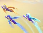  blue_feathers equine eyewear feathered_wings feathers fleetfoot_(mlp) flying friendship_is_magic goggles hooves mammal my_little_pony pegasus soarin_(mlp) spitfire_(mlp) viwrastupr wings wonderbolts_(mlp) wonderbolts_suit 