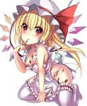  :o apron bangs blonde_hair breasts chocolate finger_to_mouth flandre_scarlet hat hat_ribbon heart heart-shaped_pupils highres janne_cherry kneeling long_hair looking_at_viewer md5_mismatch mob_cap naked_apron red_eyes red_ribbon ribbon side_ponytail simple_background small_breasts solo symbol-shaped_pupils thighhighs touhou white_background white_legwear wings 