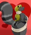  &lt;3 2017 anthro big_butt black_fur blonde_hair breasts butt clothed clothing english_text female fur green_background grey_fur hair looking_at_viewer looking_back mammal naomi_rasputin nightfaux partially_clothed raccoon raised_tail red_background side_boob signature simple_background solo stripes text virgin_killer_sweater voluptuous 