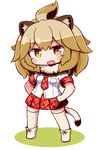  :d animal_ears ankle_boots blush boots brown_hair chibi eyebrows_visible_through_hair eyelashes fang full_body fur_collar half_updo hands_on_hips kemono_friends light_brown_eyes lion_(kemono_friends) lion_ears lion_tail long_hair looking_at_viewer naga_u necktie open_mouth plaid plaid_neckwear plaid_skirt pocket ribbon sanpaku shadow shirt shoe_ribbon short_sleeves simple_background skirt smile socks solo standing tail thighhighs white_background white_shirt zettai_ryouiki 