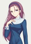  forehead hand_on_own_chest headband highres kara_no_kyoukai long_hair miura-n315 ouji_misaya purple_eyes purple_hair solo type-moon white_background 