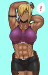  1girl abs arm_strap armpits arms_up bike_shorts blonde_hair borrowed_character breasts character_request choker claws commentary_request dark_skin fur hair_over_one_eye highres hutago large_breasts midriff multicolored_hair muscle muscular_female original pointy_ears scar short_hair slit_pupils solo sports_bra two-tone_hair white_hair yellow_eyes 