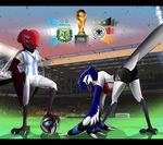  2014 adidas anthro argentina avian ball bent_over bird black_border blue_sclera border butt clothed clothing corrvo detailed_background digital_media_(artwork) duo english_text feathered_wings feathers female fifa german_text germany hi_res looking_at_viewer multicolored_feathers outside pink_eyes pose purple_eyes sky soccer soccer_ball sport standing suggestive tail_feathers text winged_arms wings 