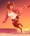  ambiguous_gender anthro beach clothed clothing duo female female/ambiguous hyena mammal open_mouth outside puccaruu seaside smile solo_focus standing sunset 