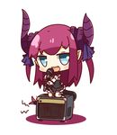  :d blue_eyes chibi commentary_request dragon_girl dragon_horns dragon_tail elizabeth_bathory_(fate) elizabeth_bathory_(fate)_(all) fang fate/extra fate/extra_ccc fate_(series) holding horns kneeling looking_at_viewer microphone nuu_(nu-nyu) open_mouth pointy_ears purple_hair short_hair smile solo speaker tail 