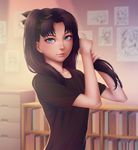  adjusting_hair black_hair blue_eyes book bookshelf brown_hair drawer fate/stay_night fate_(series) freckles hair_half_undone highres looking_at_viewer miura-n315 one_side_up parted_lips solo toosaka_rin type-moon 