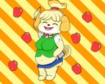  animal_crossing animated anthro belly breasts canine clothing dog eyes_closed female fur game_(disambiguation) grumar isabelle_(animal_crossing) mammal midriff navel nintendo overweight simple_background slightly_chubby smile video_games weight_gain 