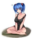  3: alternate_costume aoshima bare_arms bare_legs bare_shoulders barefoot black_dress blue_eyes blue_hair blush breasts cleavage collarbone commentary_request dress eyebrows_visible_through_hair full_body hair_bobbles hair_ornament highres indian_style kawashiro_nitori large_breasts looking_down no_bra no_headwear pink_lips short_dress short_hair sitting sleeveless sleeveless_dress solo squiggle strap_slip tatami touhou two_side_up 