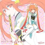  1girl blush cosplay fate/grand_order fate_(series) hair_ornament japanese_clothes kimono kiyohime_(fate/grand_order) long_hair open_mouth red_eyes red_hair sandals sita_(fate/grand_order) thighhighs twintails 