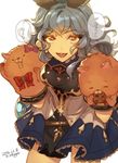  :d animal_ears bangs blue_hair breasts cerberus_(shingeki_no_bahamut) cerberus_(shingeki_no_bahamut)_(cosplay) cosplay cowboy_shot dress erune ferry_(granblue_fantasy) granblue_fantasy hand_puppet long_hair looking_at_viewer open_mouth puppet round_teeth simple_background sleeveless sleeveless_dress small_breasts smile solo speech_bubble teeth translation_request wavy_hair yatsugiri yellow_eyes 