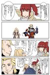  2girls 4koma anna_(fire_emblem) armor blonde_hair comic fire_emblem fire_emblem:_kakusei fire_emblem_heroes fire_emblem_if gloves green_hair harold_(fire_emblem_if) highres mamkute multiple_girls nono_(fire_emblem) parody pointy_ears purple_eyes red_eyes red_hair side_ponytail style_parody taireru translated 