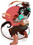  anthro bandage black_hair black_nose blue_eyes claws clothed clothing digitigrade feline fighting_stance fingerless_gloves foot_wraps gloves hair leokingdom lion logos_(leokingdom) looking_at_viewer male mammal markings muscular muscular_male shorts solo topknot topless torn_clothing wraps 