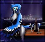  2015 alcohol anthro avian beak beverage bird blue_sclera bottle city corrvo detailed_background digital_media_(artwork) feathered_wings feathers female glass hi_res inside jewelry looking_away multicolored_feathers necklace night nude red_eyes sitting sky solo window wine winged_arms wings 