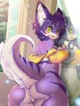  2017 4_fingers anthro big_butt blush bottomless breasts butt clothed clothing covering covering_breasts detailed_background digital_media_(artwork) dipstick_tail embarrassed eyelashes female fur hair hi_res hobby_(kento) inner_ear_fluff kemono looking_at_viewer looking_back mammal mirror multicolored_fur multicolored_tail open_mouth purple_hair raised_tail rear_view reflection solo striped_fur stripes surprise thick_thighs tongue tsukiyo undressing unknown_species white_fur yellow_eyes 
