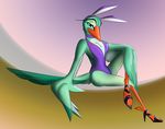  2013 abstract_background anthro avian beak bird clothed clothing corrvo digital_media_(artwork) duo eyebrows fake_ears feather_6 feathered_wings feathers female footwear green_eyes green_feathers hi_res high_heels looking_at_viewer shoes sitting tail_feathers winged_arms wings 