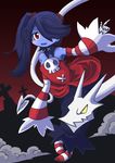  1girl bare_shoulders blue_skin breasts detached_collar detached_sleeves dress female hair_over_one_eye leviathan_(skullgirls) monster_girl red_eyes side_ponytail skullgirls squigly_(skullgirls) stitched_mouth stitches striped striped_legwear striped_sleeves yellow_eyes zombie 