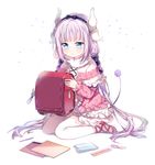  :o ankle_lace-up backpack bad_id bad_pixiv_id bag bangs beads black_bow black_hairband blouse blue_eyes blunt_bangs blush bow capelet charm_(object) cross-laced_clothes cross-laced_footwear dragon_girl dragon_horns dress excited eyebrows_visible_through_hair frilled_capelet frilled_skirt frills full_body fur_trim gothic_lolita gradient gradient_hair hair_beads hair_bow hair_ornament hairband hands_up horns kanna_kamui kobayashi-san_chi_no_maidragon lavender_hair lolita_fashion long_hair long_sleeves low_twintails microdress multicolored_hair nennen notebook open_mouth pencil pencil_case purple_hair randoseru red_footwear ruler school_bag shoes simple_background sitting skirt solo sparkle tail thighhighs twintails very_long_hair wariza white_background white_legwear 