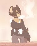  anthro clothed clothing disembodied_penis female fur hair hyena male mammal penis puccaruu smoke solo standing 