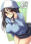  adjusting_hair bangs bespectacled black_skirt blue_hat blue_shirt breasts brown_eyes brown_hair closed_mouth cowboy_shot dress_shirt girls_und_panzer glasses grey_skirt hanging_breasts hat kanji keizoku_school_uniform large_breasts leaning_forward long_hair long_sleeves looking_at_viewer mika_(girls_und_panzer) miniskirt pleated_skirt red-framed_eyewear school_uniform shinshin shirt skirt smile solo standing striped striped_shirt twitter_username vertical-striped_shirt vertical_stripes white_shirt 