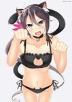  akebono_(kantai_collection) animal_ears bad_id bad_pixiv_id bell bell_choker black_bra black_panties blush bra breasts cat_cutout cat_ear_panties cat_ears cat_lingerie cat_tail choker cleavage_cutout commentary_request fang flower foreshortening hair_flower hair_ornament head_tilt jingle_bell kankitsunabe_(citrus) kantai_collection long_hair meme_attire navel nose_blush open_mouth panties paw_pose purple_eyes purple_hair side-tie_panties side_ponytail simple_background small_breasts solo tail underwear underwear_only very_long_hair 