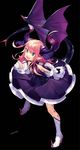  black_background blue_ribbon boots breasts claws detached_sleeves dragon_girl dragon_horns dragon_tail dragon_wings elizabeth_bathory_(fate) elizabeth_bathory_(fate)_(all) fate/extra fate/extra_ccc fate_(series) flower full_body green_eyes hair_ribbon high_heels highres horns legs_apart long_hair looking_at_viewer misoni_comi open_mouth pink_hair pointy_ears purple_skirt ribbon signature skirt small_breasts smile solo spikes tail white_footwear white_legwear wings 