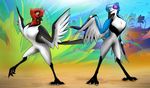 2011 anthro avian beak bird colorful corrvo dancing detailed_background digital_media_(artwork) duo eyes_closed feathered_wings feathers female flower flower_in_hair front_view multicolored_feathers open_mouth orange_sclera plant red_eyes standing tail_feathers winged_arms wings 