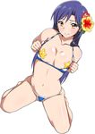  bare_arms bare_legs bare_shoulders barefoot bikini blue_bikini blue_hair blush breasts brown_eyes closed_mouth collarbone covered_nipples earrings flower flower_earrings full_body groin hair_flower hair_ornament head_tilt hibiscus idolmaster idolmaster_(classic) jabara_tornado jewelry kisaragi_chihaya kneeling long_hair looking_at_viewer navel pasties pulled_by_self shiny shiny_skin sitting small_breasts smile solo spread_legs star_pasties stomach strap_pull swimsuit very_long_hair wariza 