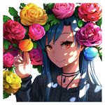  blue_hair blush brown_eyes choker closed_mouth commentary_request dappled_sunlight flower highres idolmaster idolmaster_(classic) jewelry kisaragi_chihaya long_hair necklace portrait ram_(ramlabo) rose shade smile solo sunlight sweater 