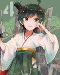  ahoge anchor bangs black_hair furisode green_eyes green_hakama gun hakama hat itomugi-kun japanese_clothes kantai_collection kimono looking_at_viewer machinery matsukaze_(kantai_collection) meiji_schoolgirl_uniform mini_hat mini_top_hat number open_mouth short_hair solo swept_bangs top_hat wavy_hair weapon white_kimono 