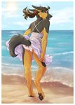  anthro brown_eyes butt canine clothed clothing crossdressing digitigrade dog dress ear_piercing fluffy fluffy_tail from_behind_position german_shepherd girly gutter_tongue hair lingerie looking_at_viewer male mammal panties paws piercing ponytail raven_(bloodravenx) sex solo underwear 