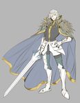  armor cape cosplay edmond_dantes_(fate/grand_order) excalibur_galatine fate/extra fate/grand_order fate_(series) gawain_(fate/extra) gawain_(fate/extra)_(cosplay) gawain_(fate/grand_order) kisaragi_kokoro_(hazuki) looking_at_viewer male_focus simple_background solo sword wavy_hair weapon white_hair yellow_eyes 
