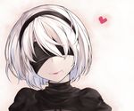  black_dress black_hairband blindfold closed_mouth covered_eyes dress facing_viewer fuyoru hair_over_eyes hairband heart juliet_sleeves lips long_sleeves mole mole_under_mouth nier_(series) nier_automata pink_lips puffy_sleeves short_hair silver_hair smile solo turtleneck upper_body white_hair yorha_no._2_type_b 