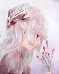  bangs bow closed_mouth commentary crying eyebrows_visible_through_hair flower from_side fujiwara_no_mokou hair_bow hair_ribbon highres holding holding_flower long_hair mokoiscat plant red_eyes ribbon shirt silver_hair simple_background solo teardrop tears touhou upper_body very_long_hair white_shirt 