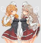  ascot blonde_hair bow bowtie brown_eyes corset grey_background grey_hair hat kantai_collection long_hair long_sleeves mini_hat multiple_girls open_mouth pola_(kantai_collection) red_bow red_neckwear red_skirt shiosoda shirt simple_background skirt wavy_hair white_shirt zara_(kantai_collection) 